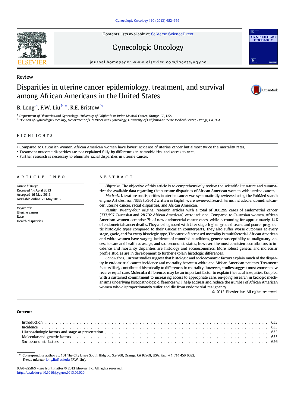 Disparities in uterine cancer epidemiology, treatment, and survival among African Americans in the United States