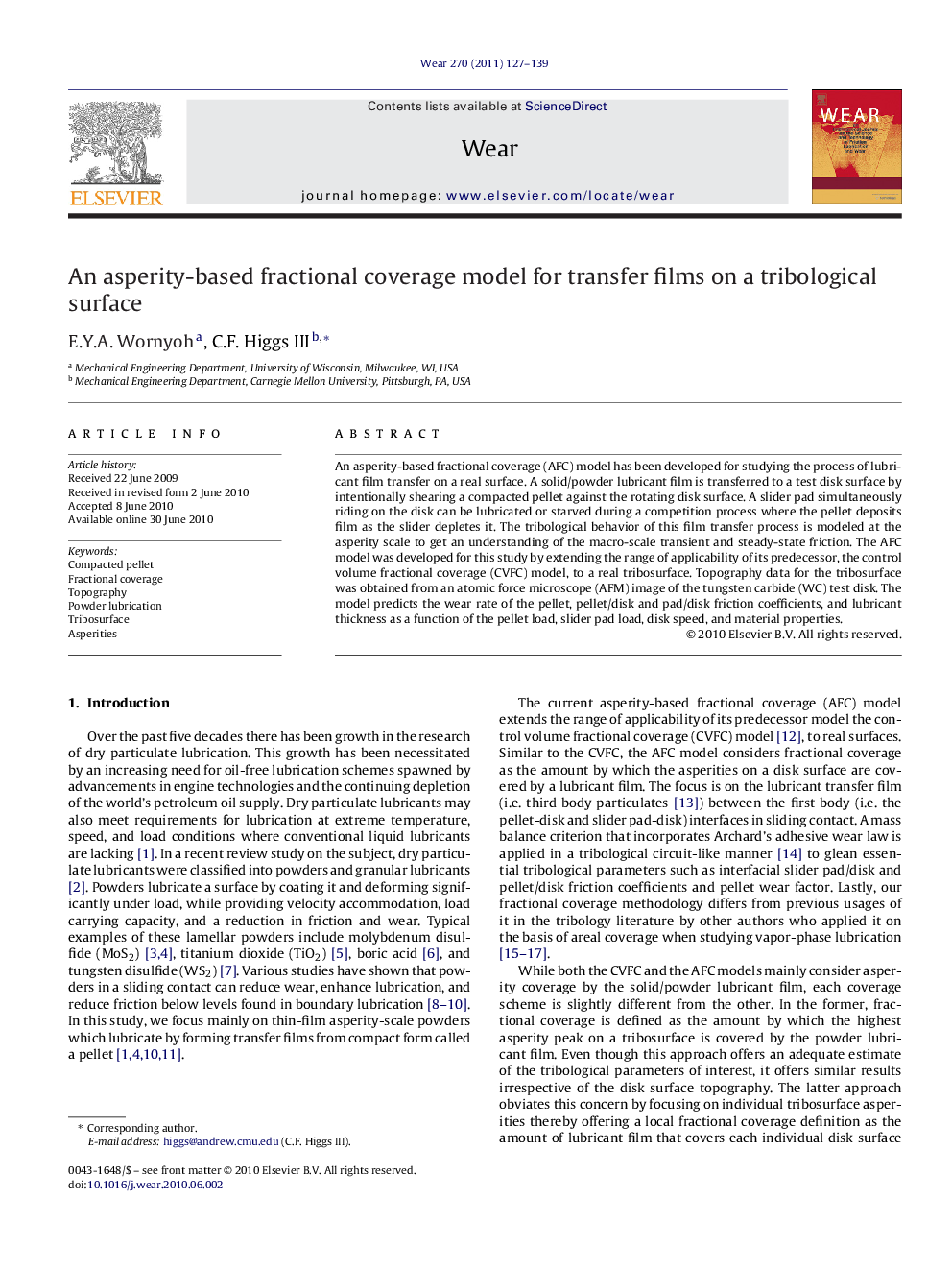 An asperity-based fractional coverage model for transfer films on a tribological surface