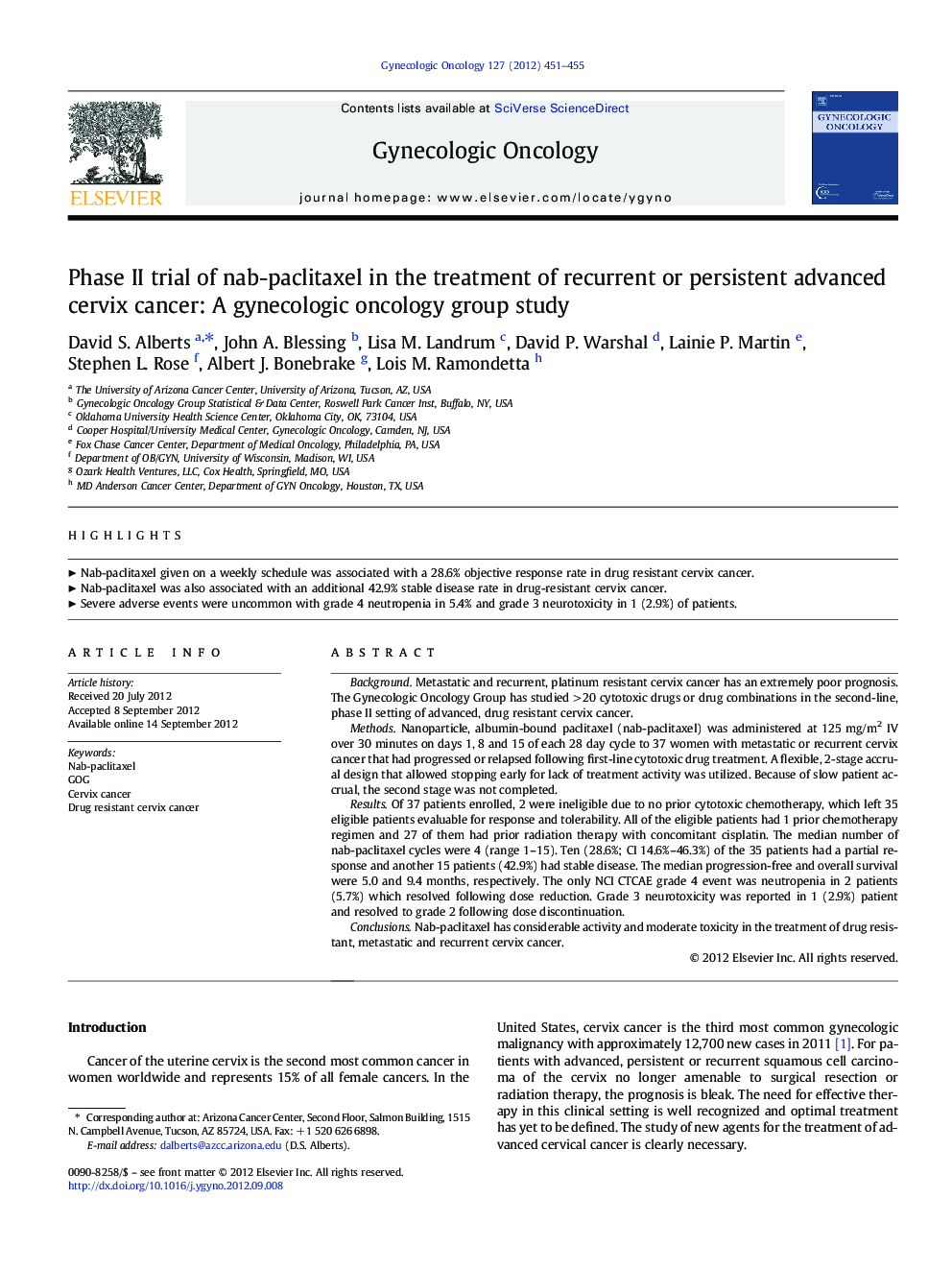 Phase II trial of nab-paclitaxel in the treatment of recurrent or persistent advanced cervix cancer: A gynecologic oncology group study