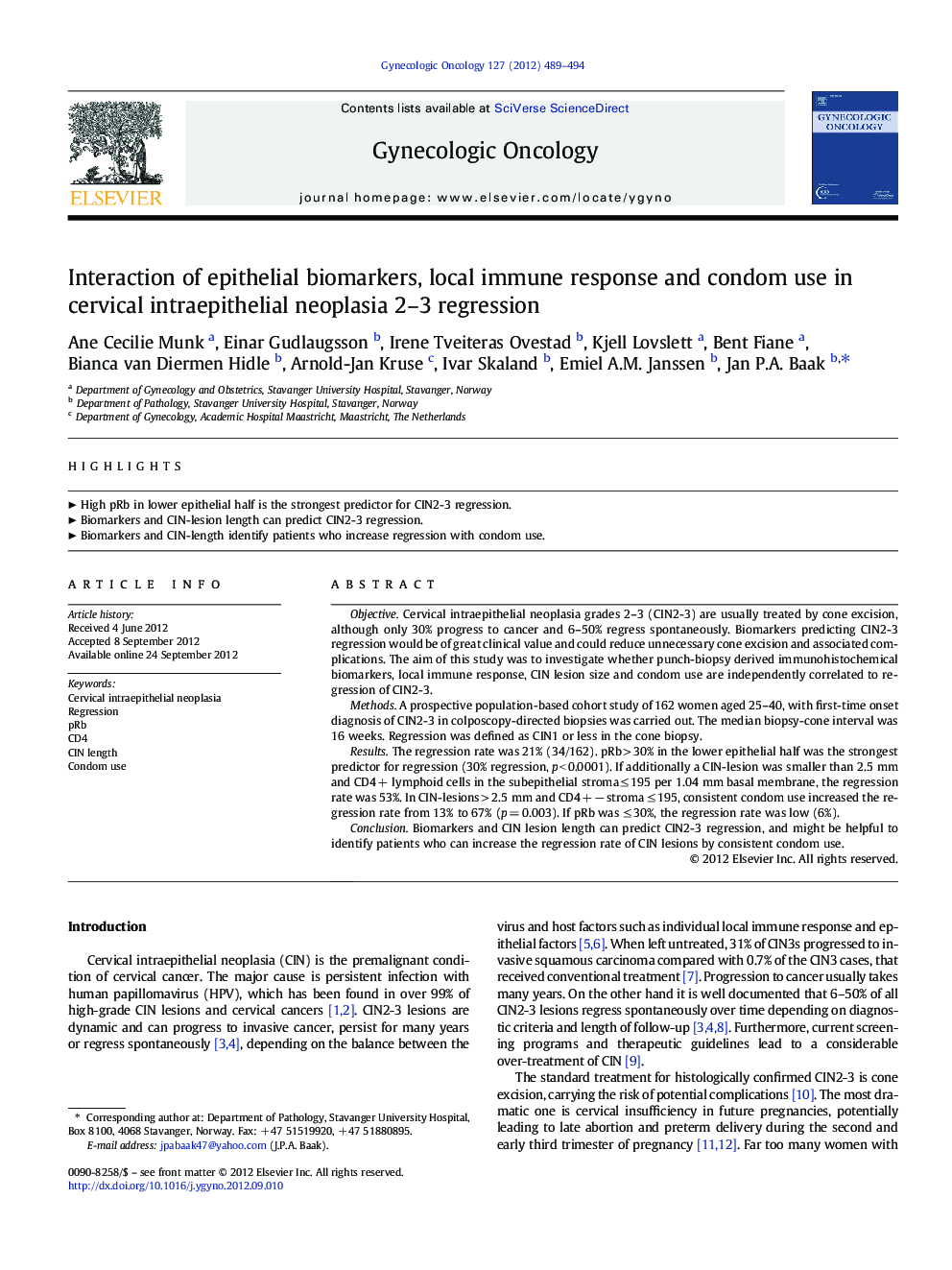 Interaction of epithelial biomarkers, local immune response and condom use in cervical intraepithelial neoplasia 2-3 regression