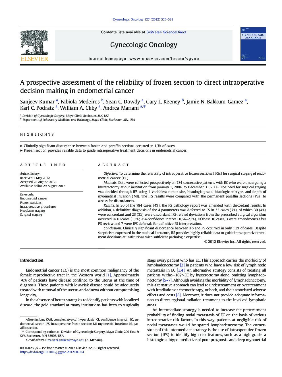 A prospective assessment of the reliability of frozen section to direct intraoperative decision making in endometrial cancer