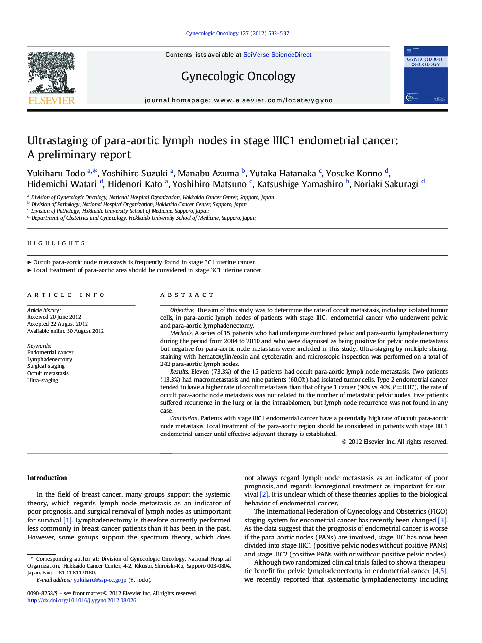 Ultrastaging of para-aortic lymph nodes in stage IIIC1 endometrial cancer: A preliminary report