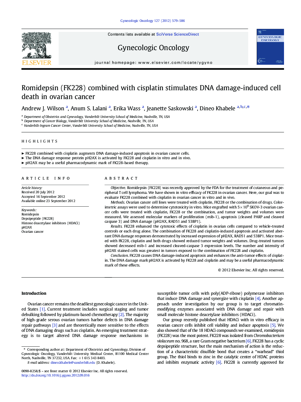 Romidepsin (FK228) combined with cisplatin stimulates DNA damage-induced cell death in ovarian cancer