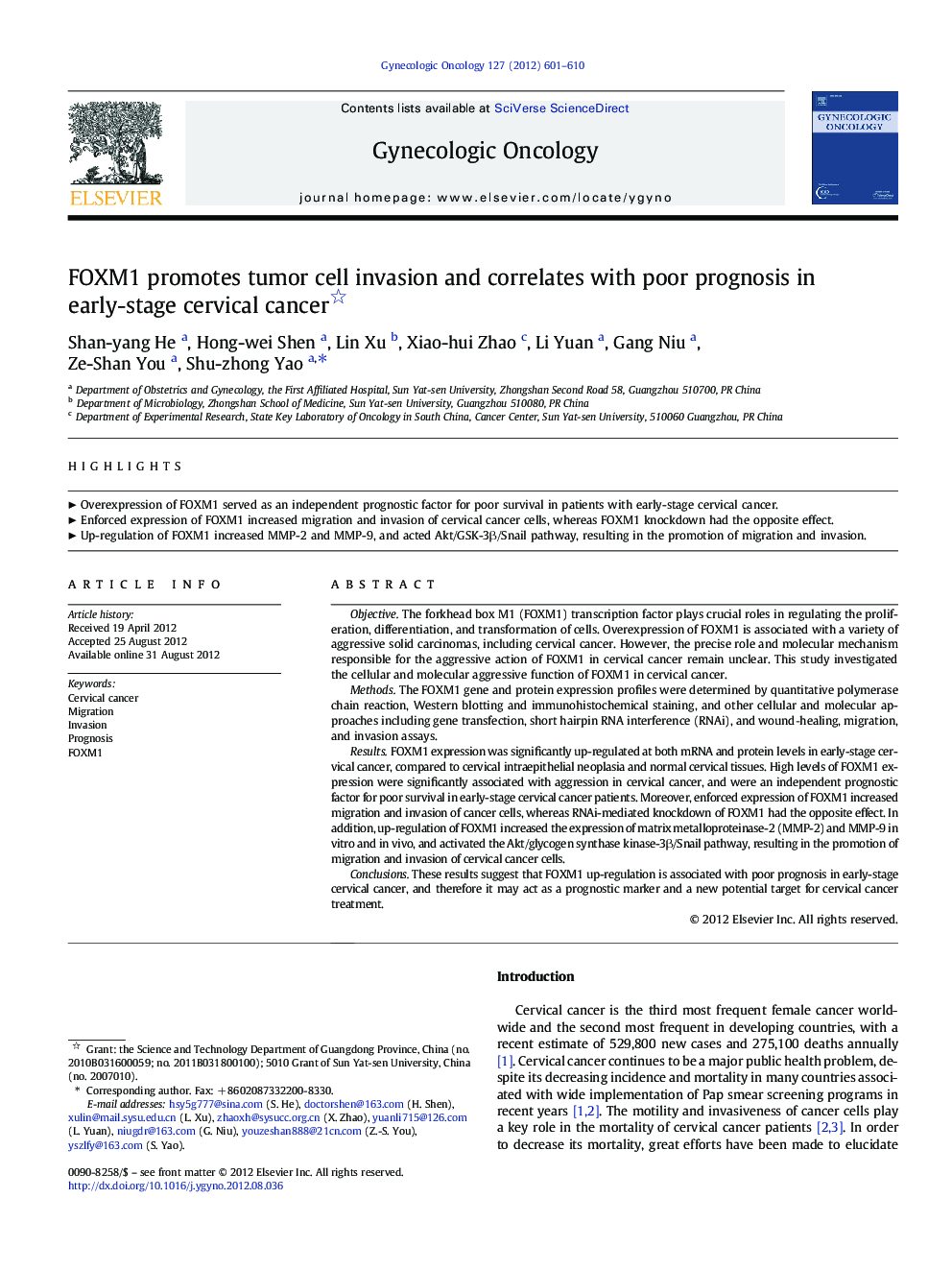 FOXM1 promotes tumor cell invasion and correlates with poor prognosis in early-stage cervical cancer