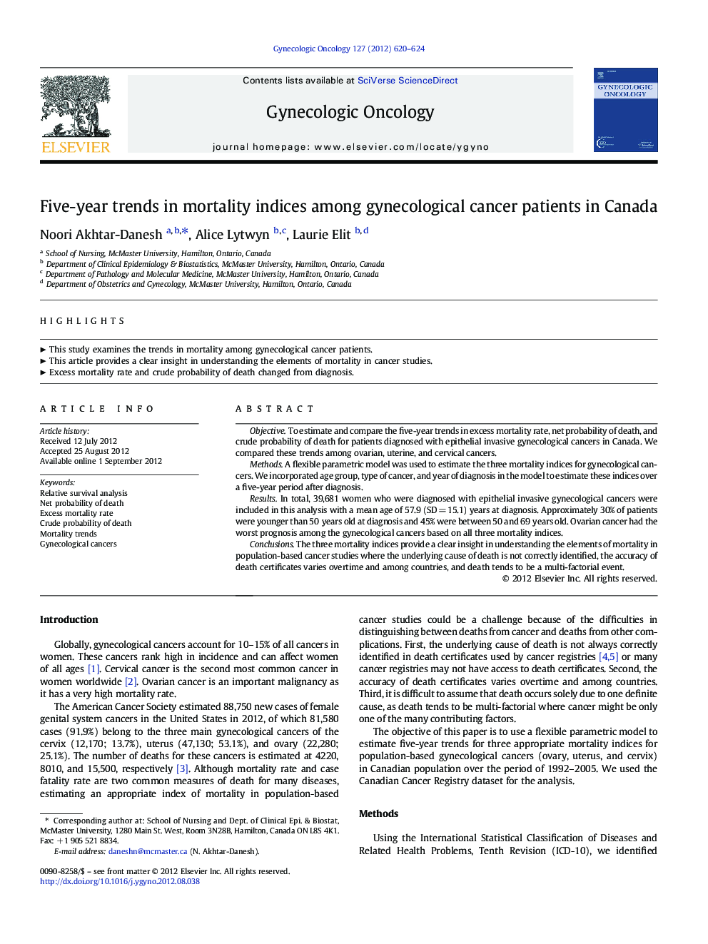 Five-year trends in mortality indices among gynecological cancer patients in Canada