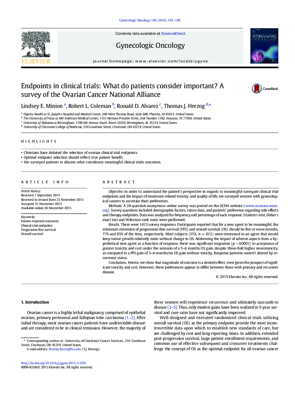 Endpoints in clinical trials: What do patients consider important? A survey of the Ovarian Cancer National Alliance