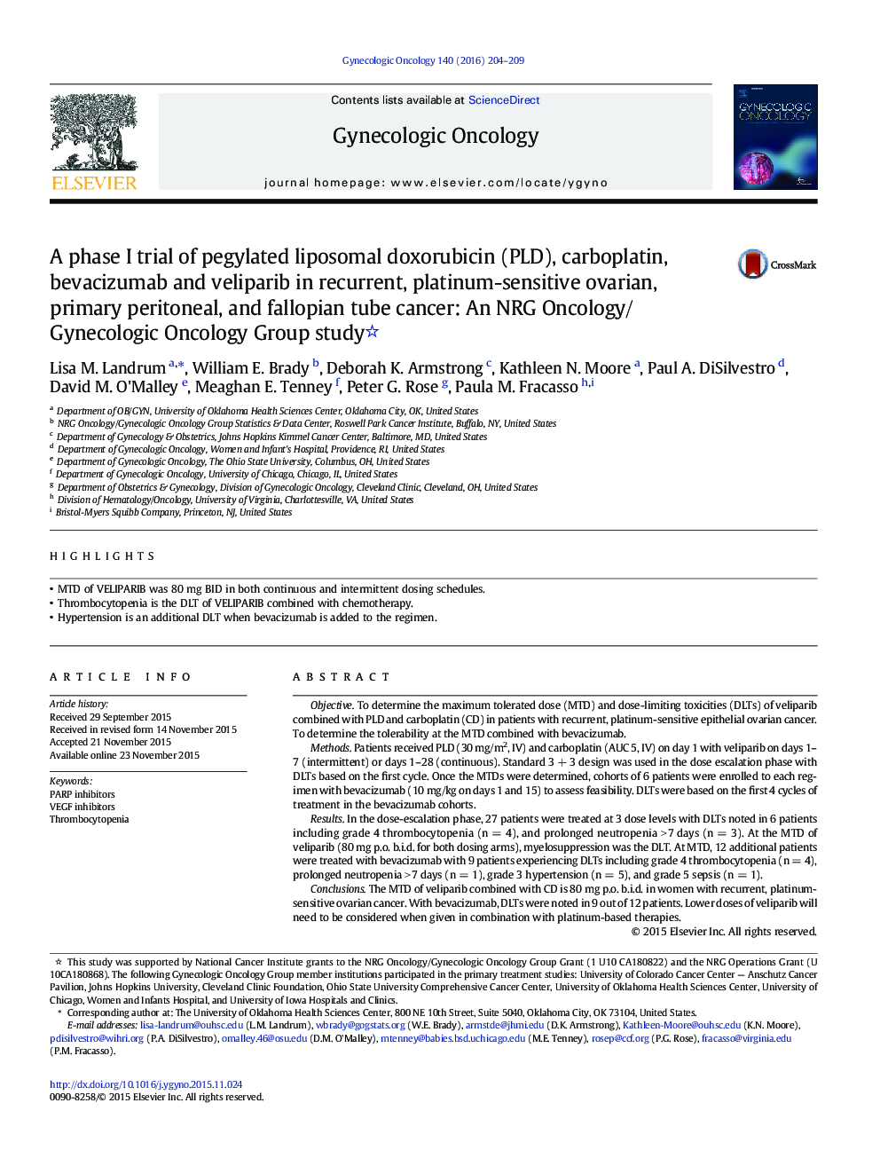 A phase I trial of pegylated liposomal doxorubicin (PLD), carboplatin, bevacizumab and veliparib in recurrent, platinum-sensitive ovarian, primary peritoneal, and fallopian tube cancer: An NRG Oncology/Gynecologic Oncology Group study