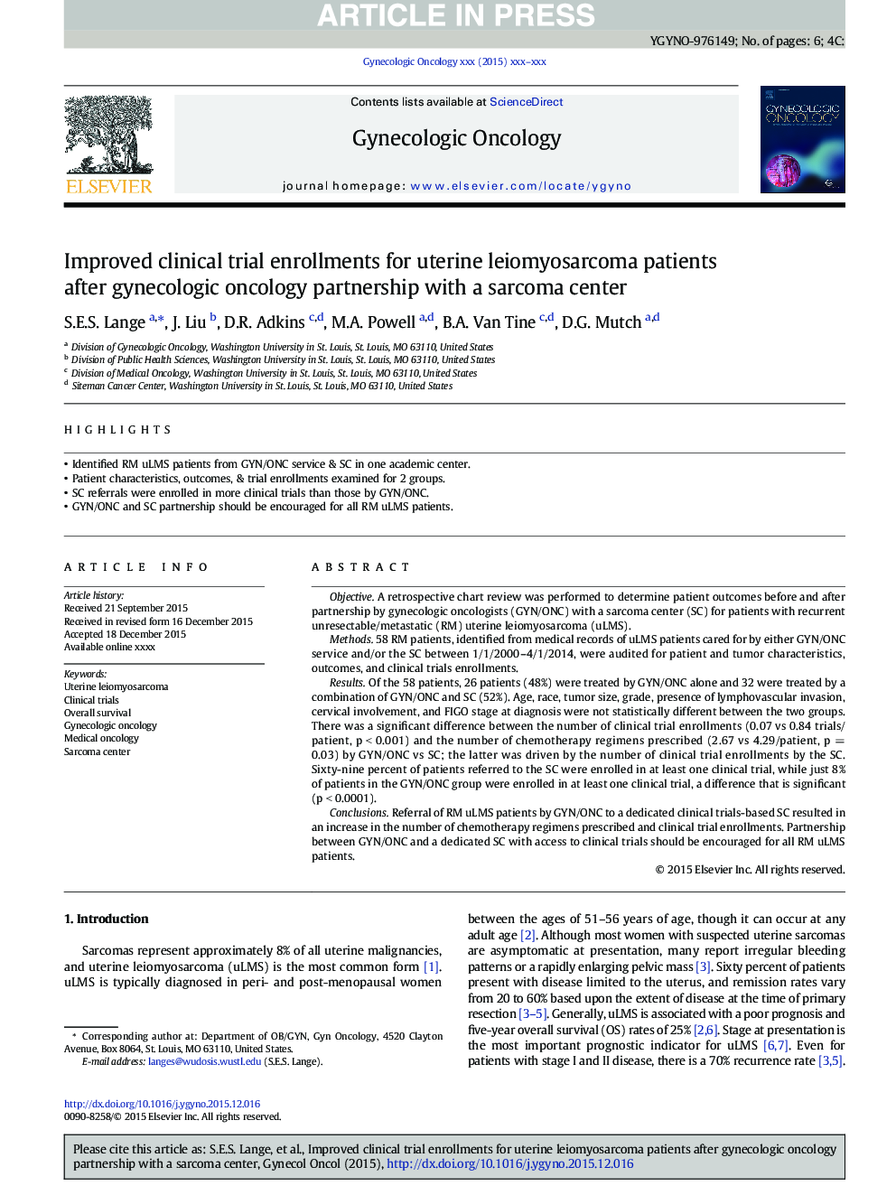 Improved clinical trial enrollments for uterine leiomyosarcoma patients after gynecologic oncology partnership with a sarcoma center