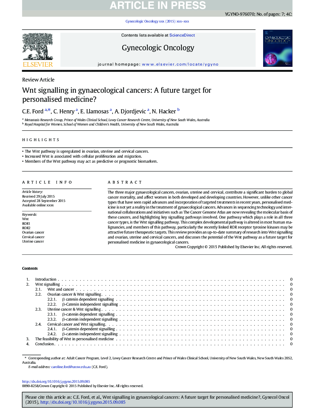 Wnt signalling in gynaecological cancers: A future target for personalised medicine?