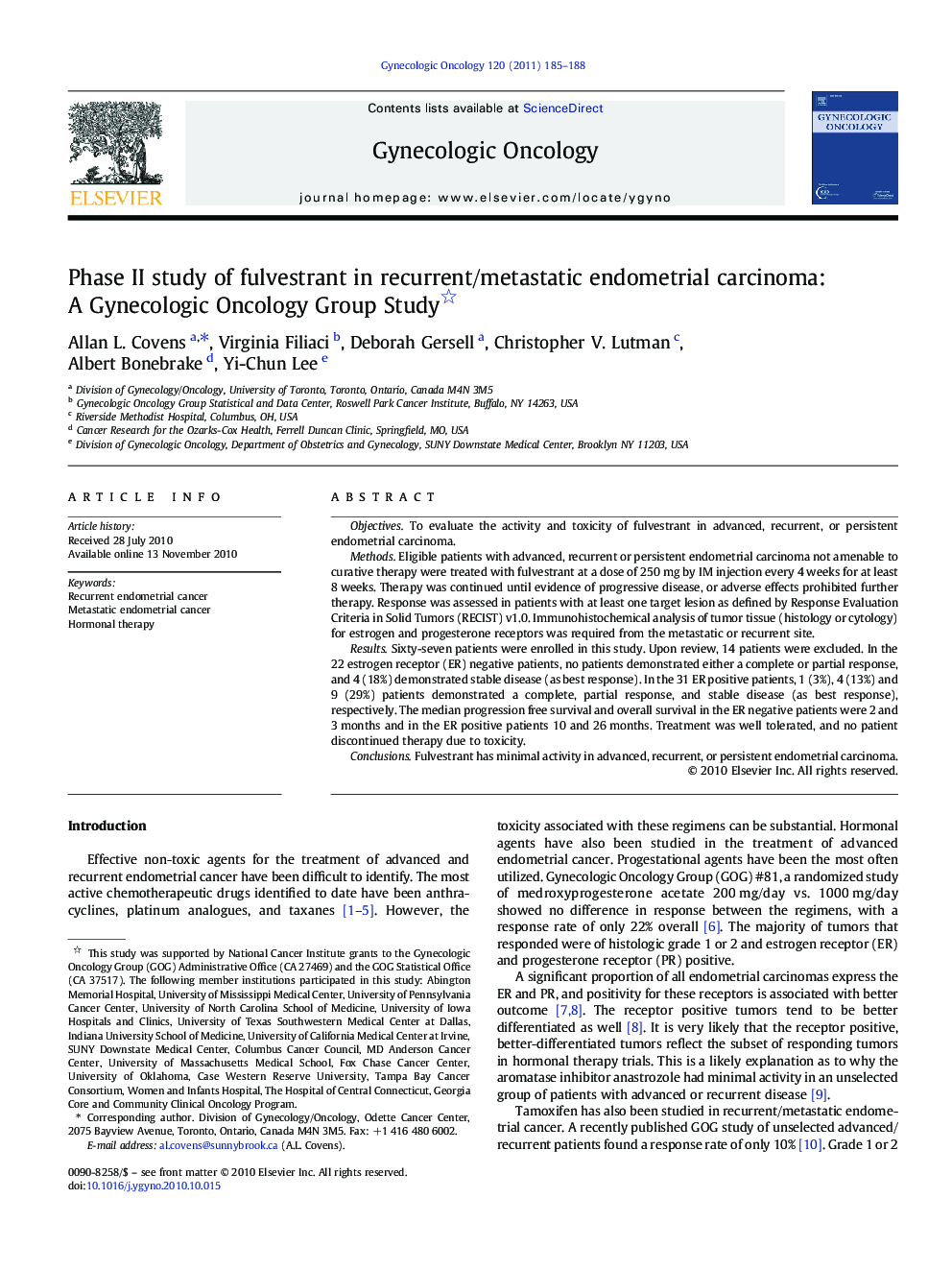 Phase II study of fulvestrant in recurrent/metastatic endometrial carcinoma: A Gynecologic Oncology Group Study