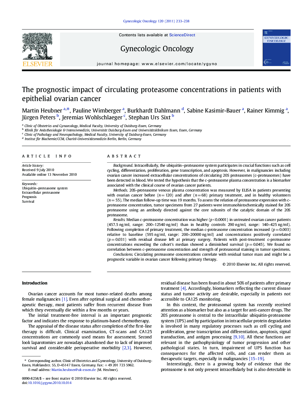 The prognostic impact of circulating proteasome concentrations in patients with epithelial ovarian cancer