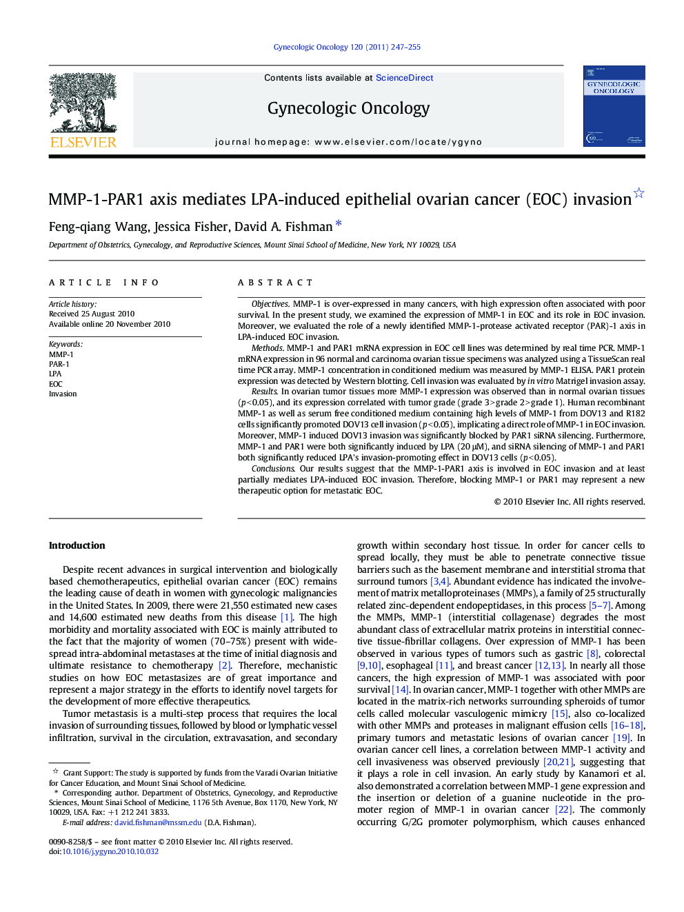 MMP-1-PAR1 axis mediates LPA-induced epithelial ovarian cancer (EOC) invasion