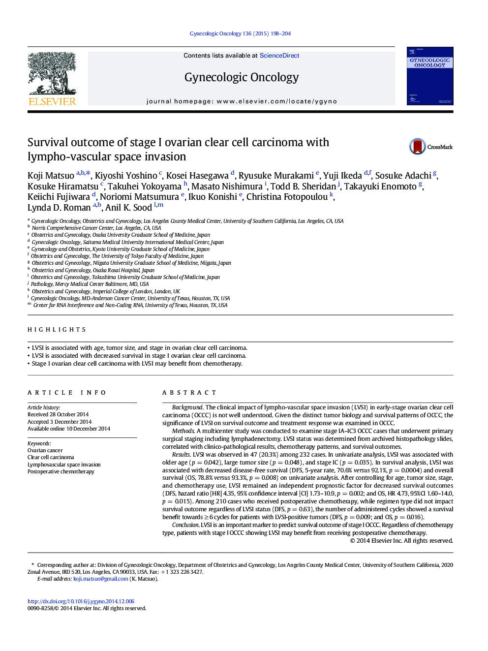 Survival outcome of stage I ovarian clear cell carcinoma with lympho-vascular space invasion