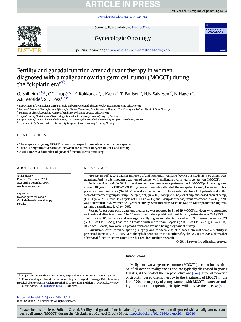 Fertility and gonadal function after adjuvant therapy in women diagnosed with a malignant ovarian germ cell tumor (MOGCT) during the “cisplatin era”