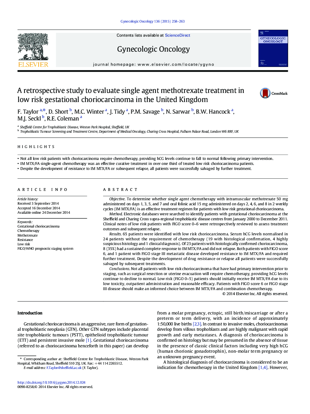 A retrospective study to evaluate single agent methotrexate treatment in low risk gestational choriocarcinoma in the United Kingdom