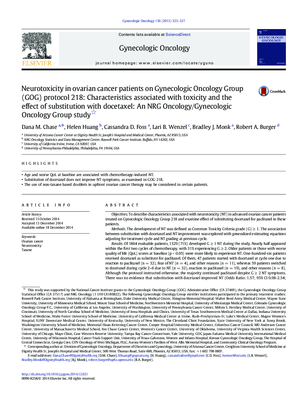 Neurotoxicity in ovarian cancer patients on Gynecologic Oncology Group (GOG) protocol 218: Characteristics associated with toxicity and the effect of substitution with docetaxel: An NRG Oncology/Gynecologic Oncology Group study