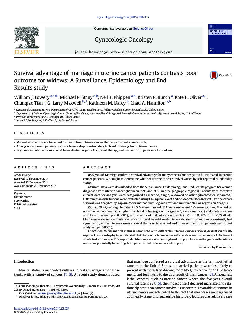 Survival advantage of marriage in uterine cancer patients contrasts poor outcome for widows: A Surveillance, Epidemiology and End Results study