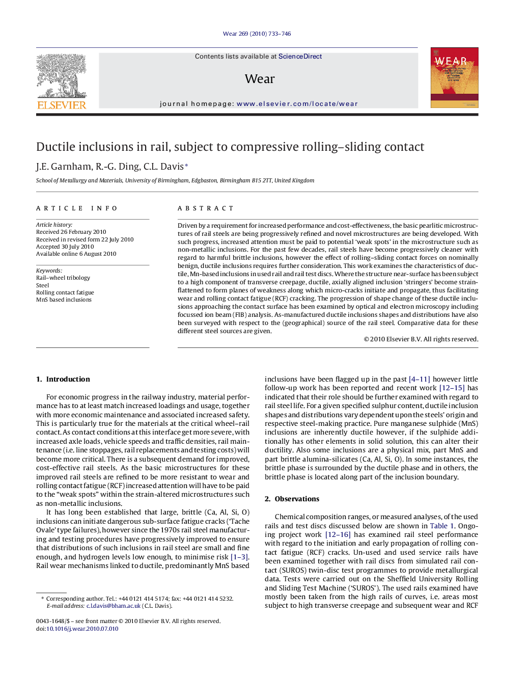 Ductile inclusions in rail, subject to compressive rolling-sliding contact