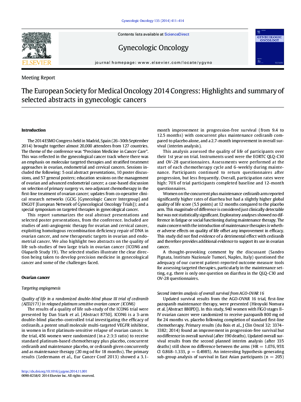 The European Society for Medical Oncology 2014 Congress: Highlights and summary of selected abstracts in gynecologic cancers