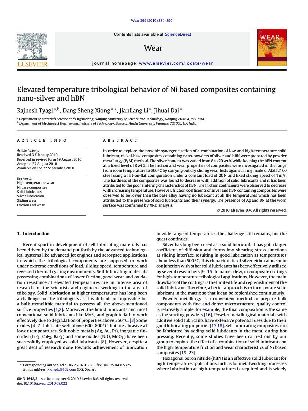 Elevated temperature tribological behavior of Ni based composites containing nano-silver and hBN