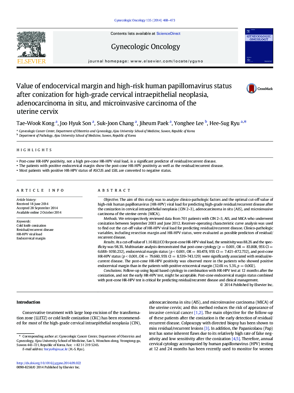 Value of endocervical margin and high-risk human papillomavirus status after conization for high-grade cervical intraepithelial neoplasia, adenocarcinoma in situ, and microinvasive carcinoma of the uterine cervix