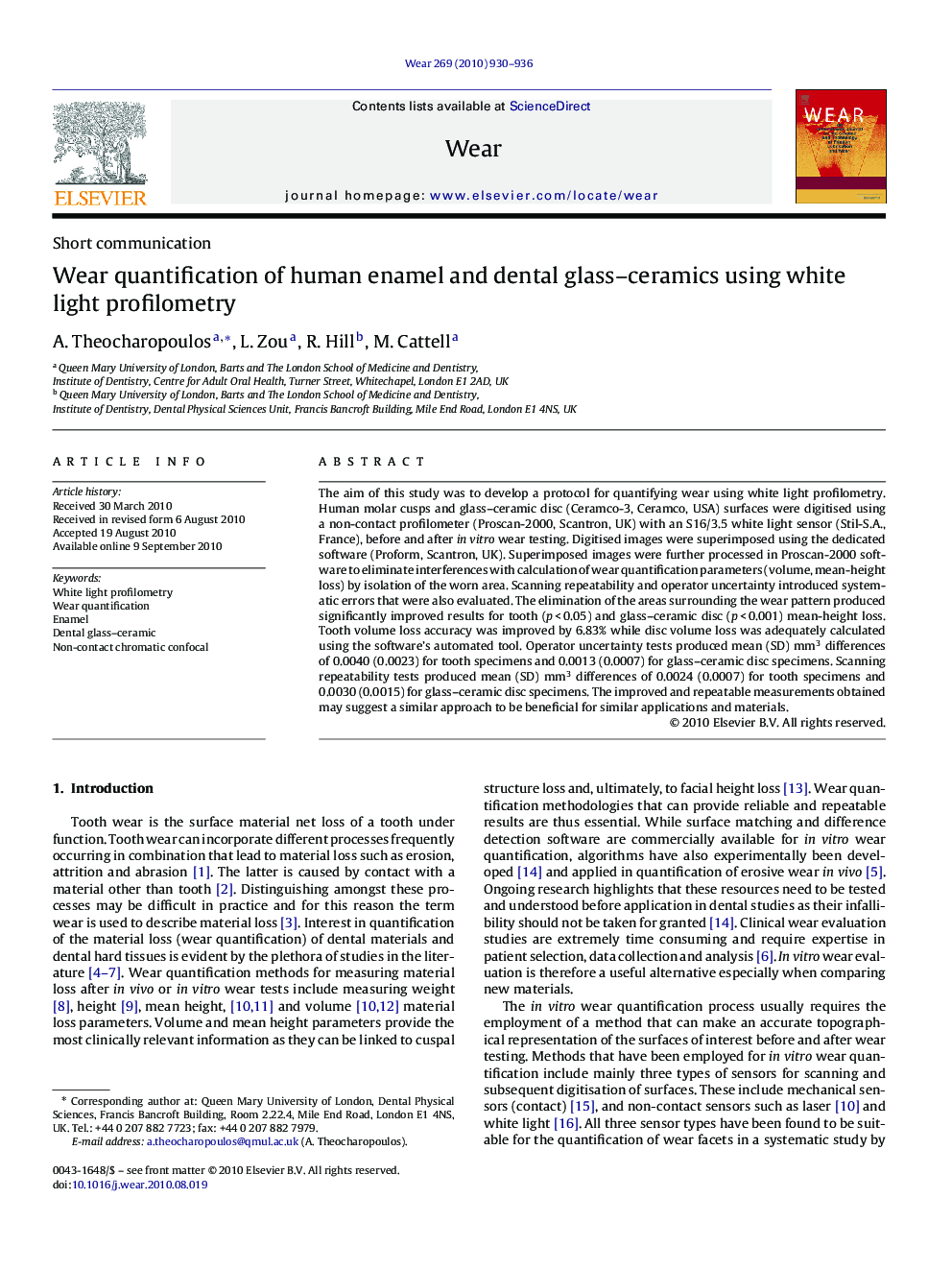Wear quantification of human enamel and dental glass-ceramics using white light profilometry