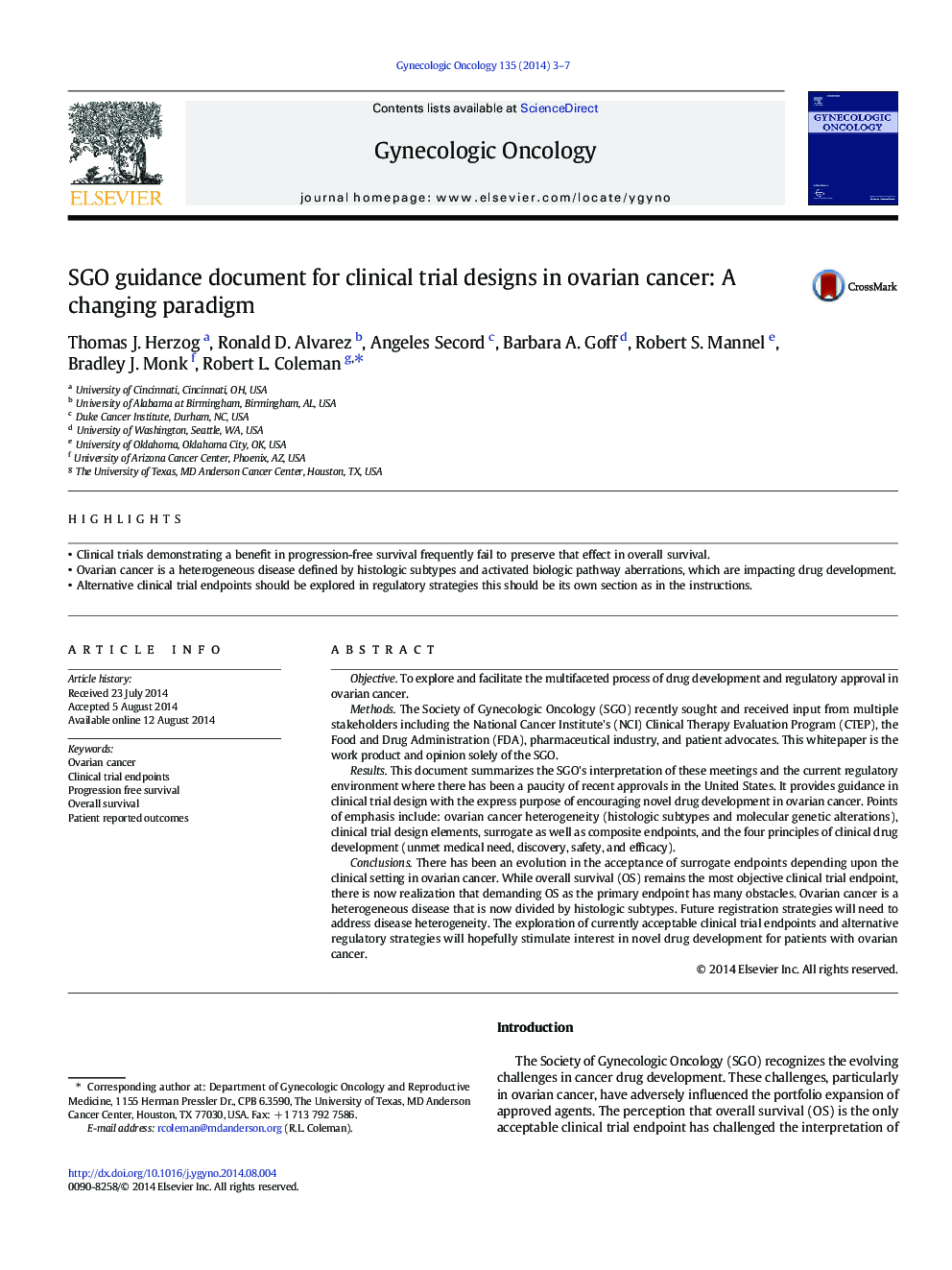 SGO guidance document for clinical trial designs in ovarian cancer: A changing paradigm