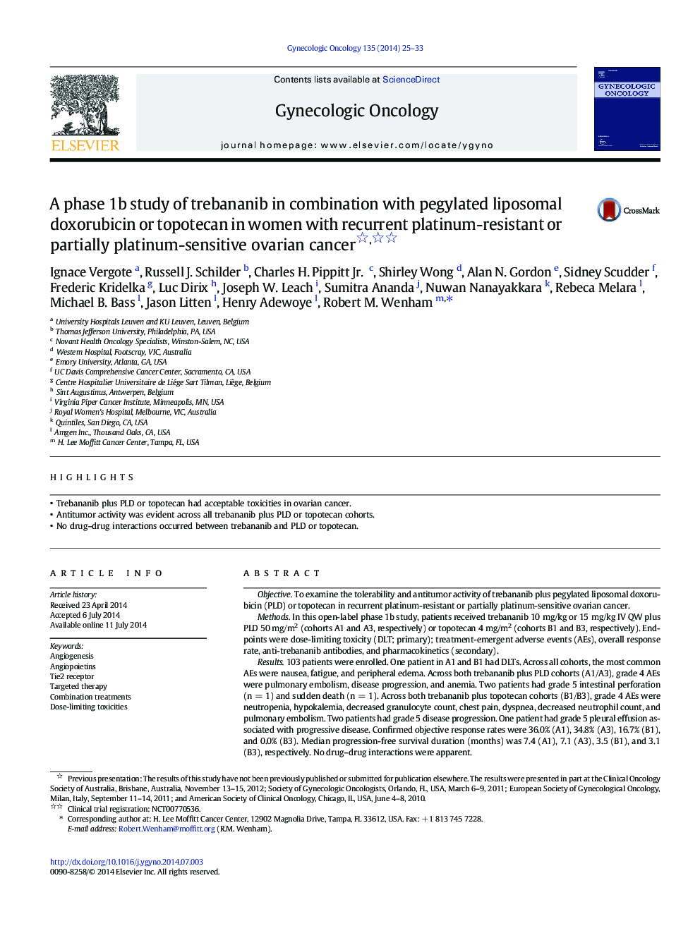 A phase 1b study of trebananib in combination with pegylated liposomal doxorubicin or topotecan in women with recurrent platinum-resistant or partially platinum-sensitive ovarian cancer