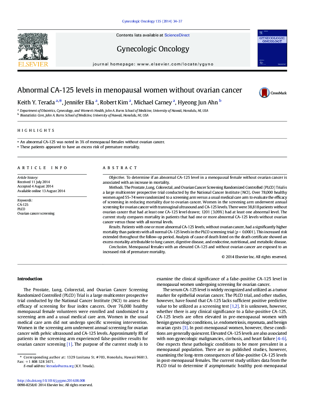 Abnormal CA-125 levels in menopausal women without ovarian cancer