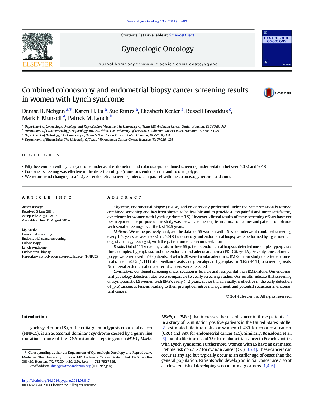 Combined colonoscopy and endometrial biopsy cancer screening results in women with Lynch syndrome