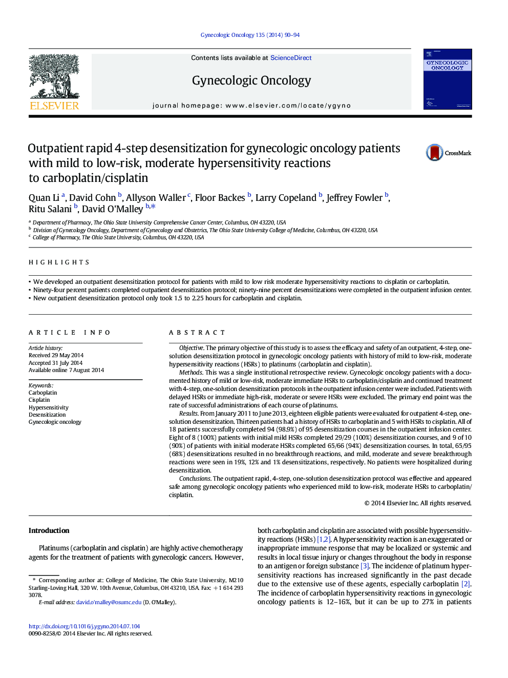 Outpatient rapid 4-step desensitization for gynecologic oncology patients with mild to low-risk, moderate hypersensitivity reactions to carboplatin/cisplatin