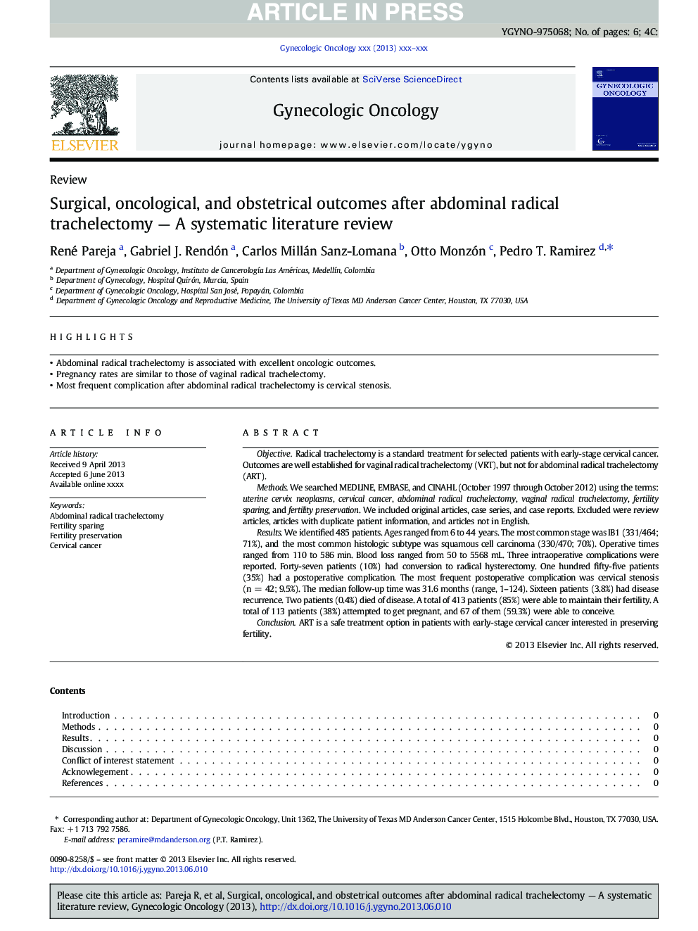 Surgical, oncological, and obstetrical outcomes after abdominal radical trachelectomy - A systematic literature review