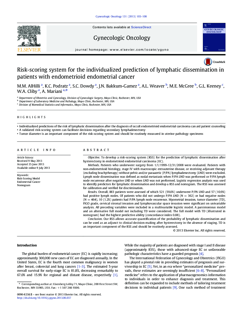 Risk-scoring system for the individualized prediction of lymphatic dissemination in patients with endometrioid endometrial cancer