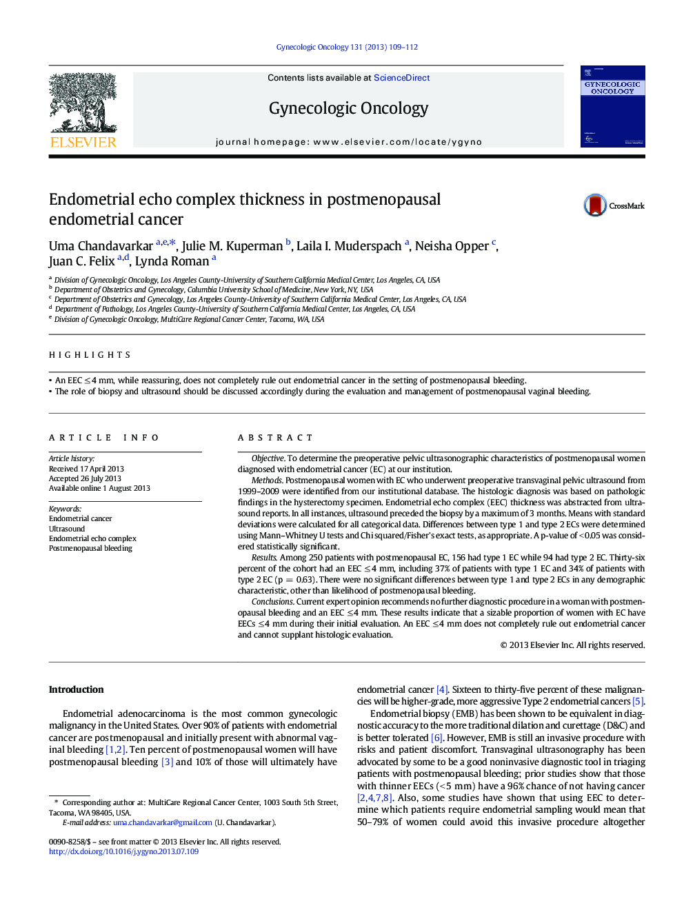 Endometrial echo complex thickness in postmenopausal endometrial cancer