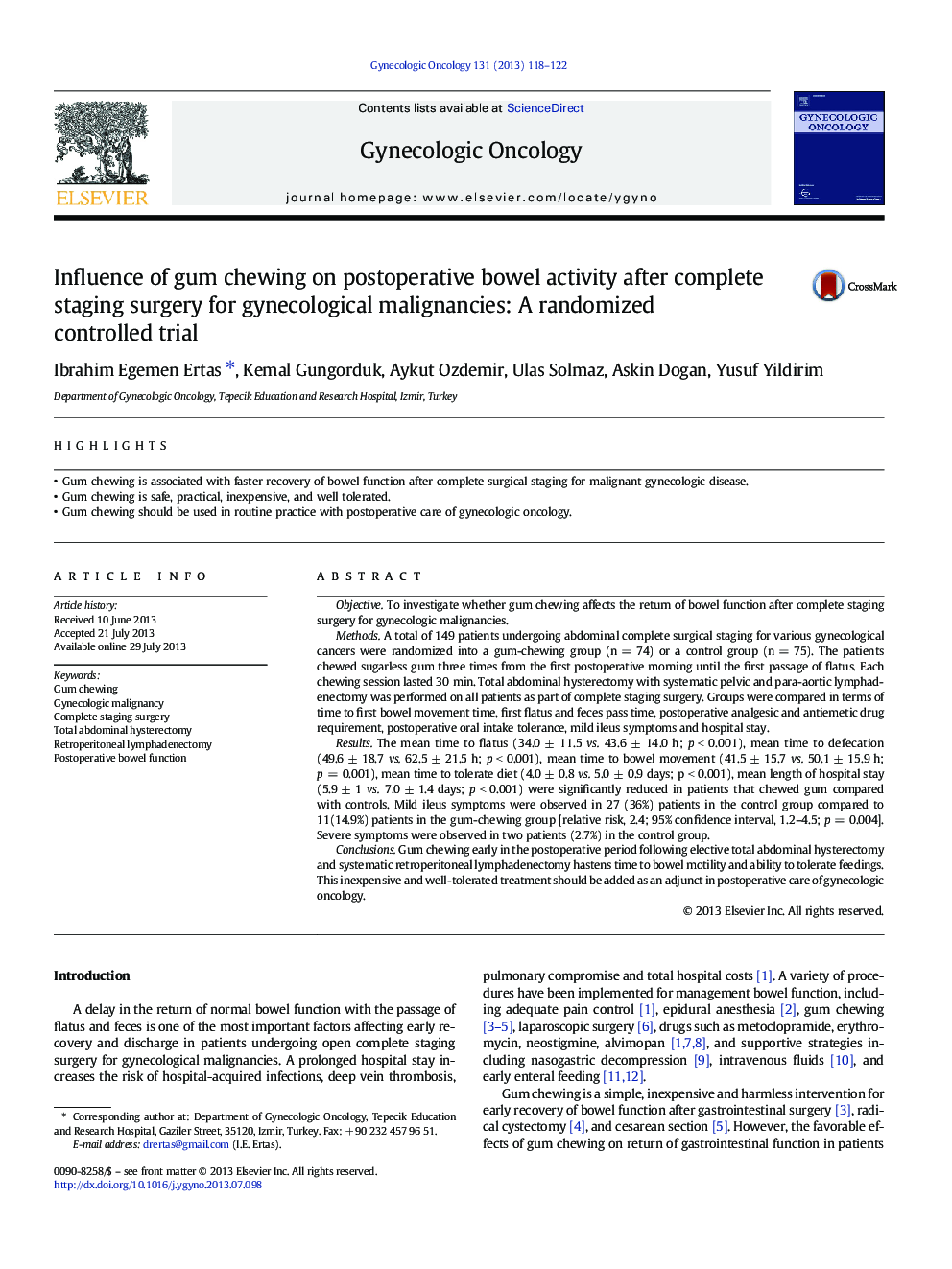 Influence of gum chewing on postoperative bowel activity after complete staging surgery for gynecological malignancies: A randomized controlled trial