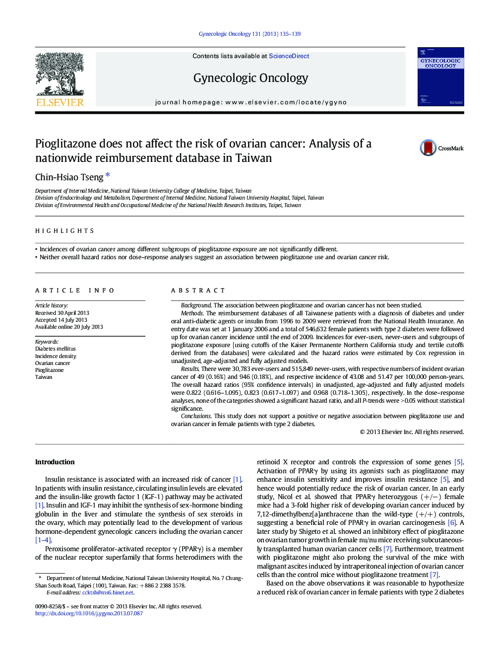 Pioglitazone does not affect the risk of ovarian cancer: Analysis of a nationwide reimbursement database in Taiwan