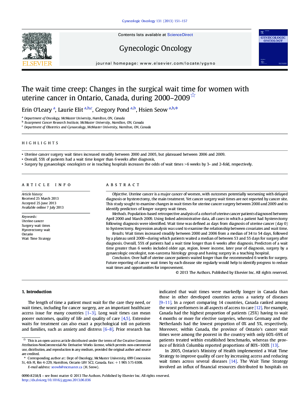 The wait time creep: Changes in the surgical wait time for women with uterine cancer in Ontario, Canada, during 2000-2009