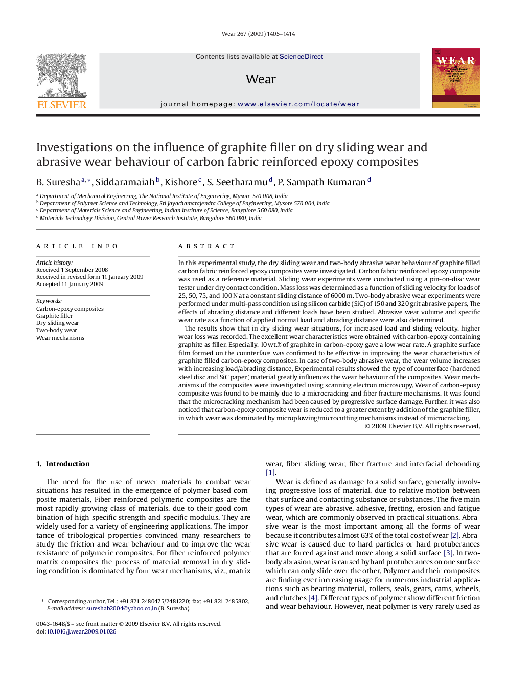 Investigations on the influence of graphite filler on dry sliding wear and abrasive wear behaviour of carbon fabric reinforced epoxy composites