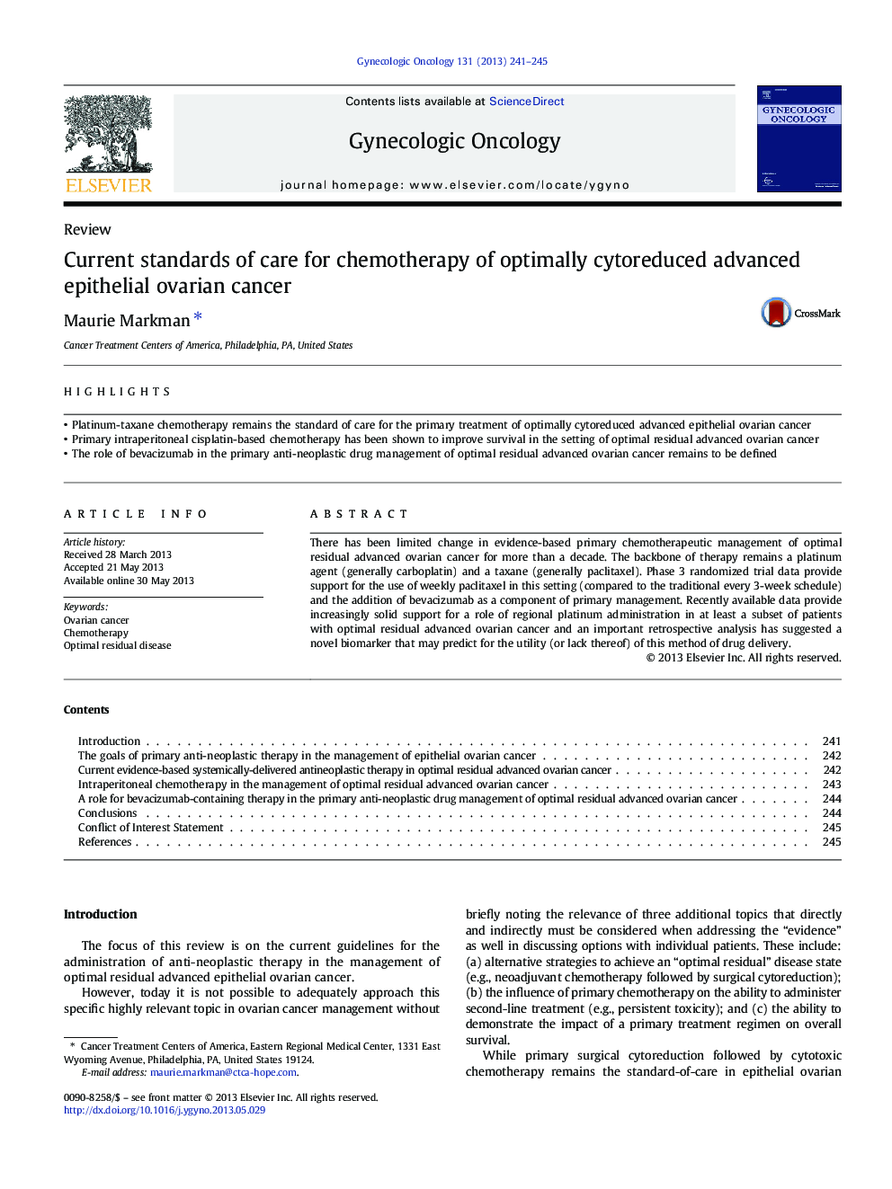 Current standards of care for chemotherapy of optimally cytoreduced advanced epithelial ovarian cancer