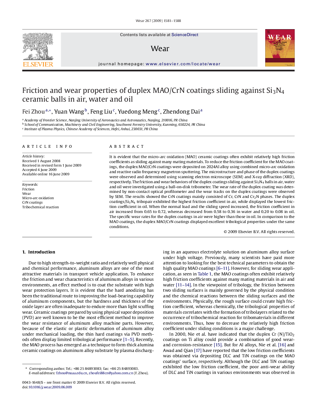 Friction and wear properties of duplex MAO/CrN coatings sliding against Si3N4 ceramic balls in air, water and oil