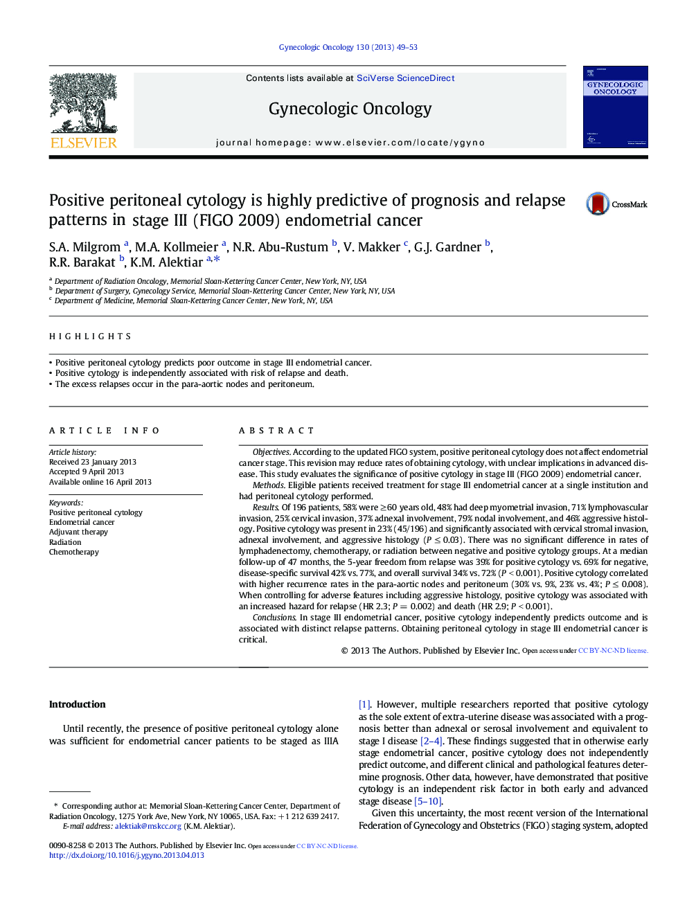 Positive peritoneal cytology is highly predictive of prognosis and relapse patterns in stage III (FIGO 2009) endometrial cancer