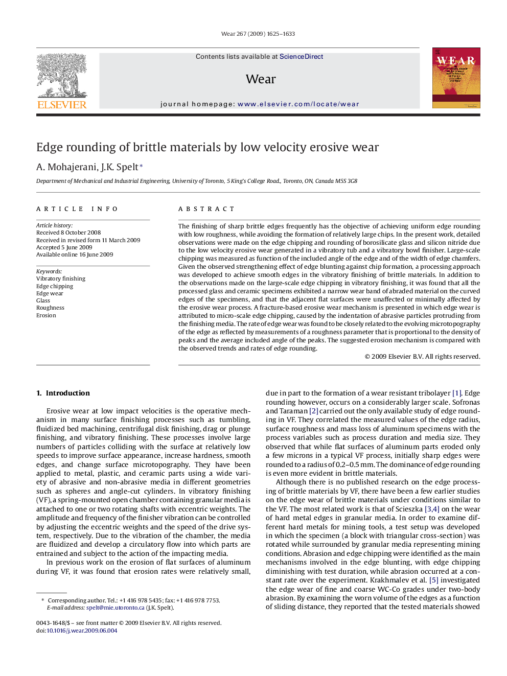 Edge rounding of brittle materials by low velocity erosive wear