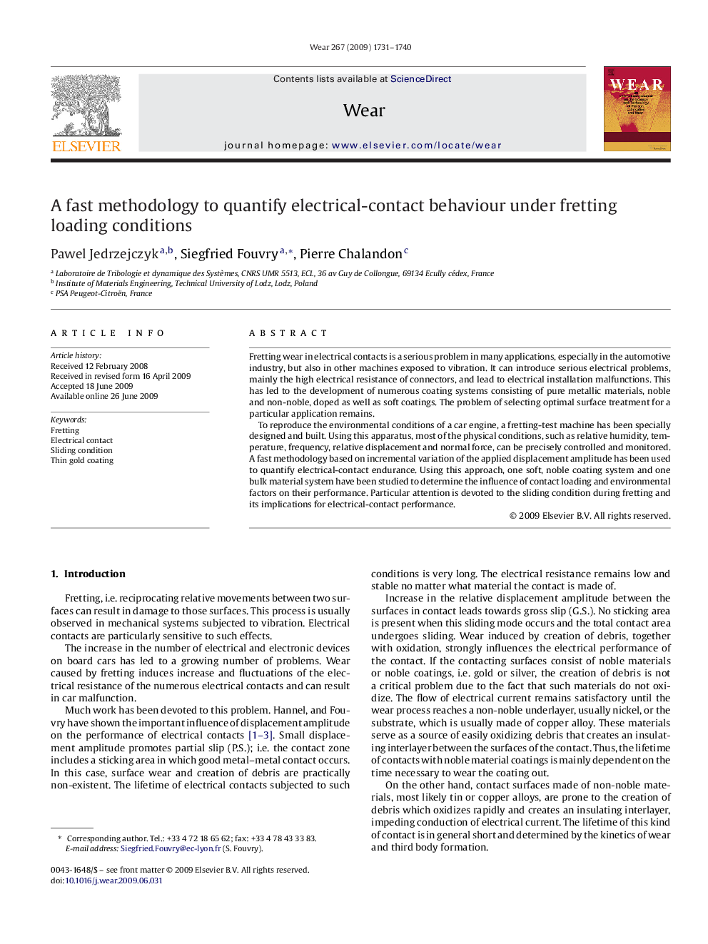 A fast methodology to quantify electrical-contact behaviour under fretting loading conditions