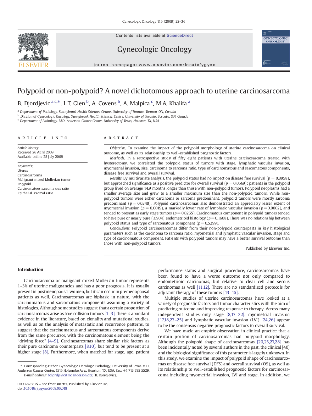 Polypoid or non-polypoid? A novel dichotomous approach to uterine carcinosarcoma