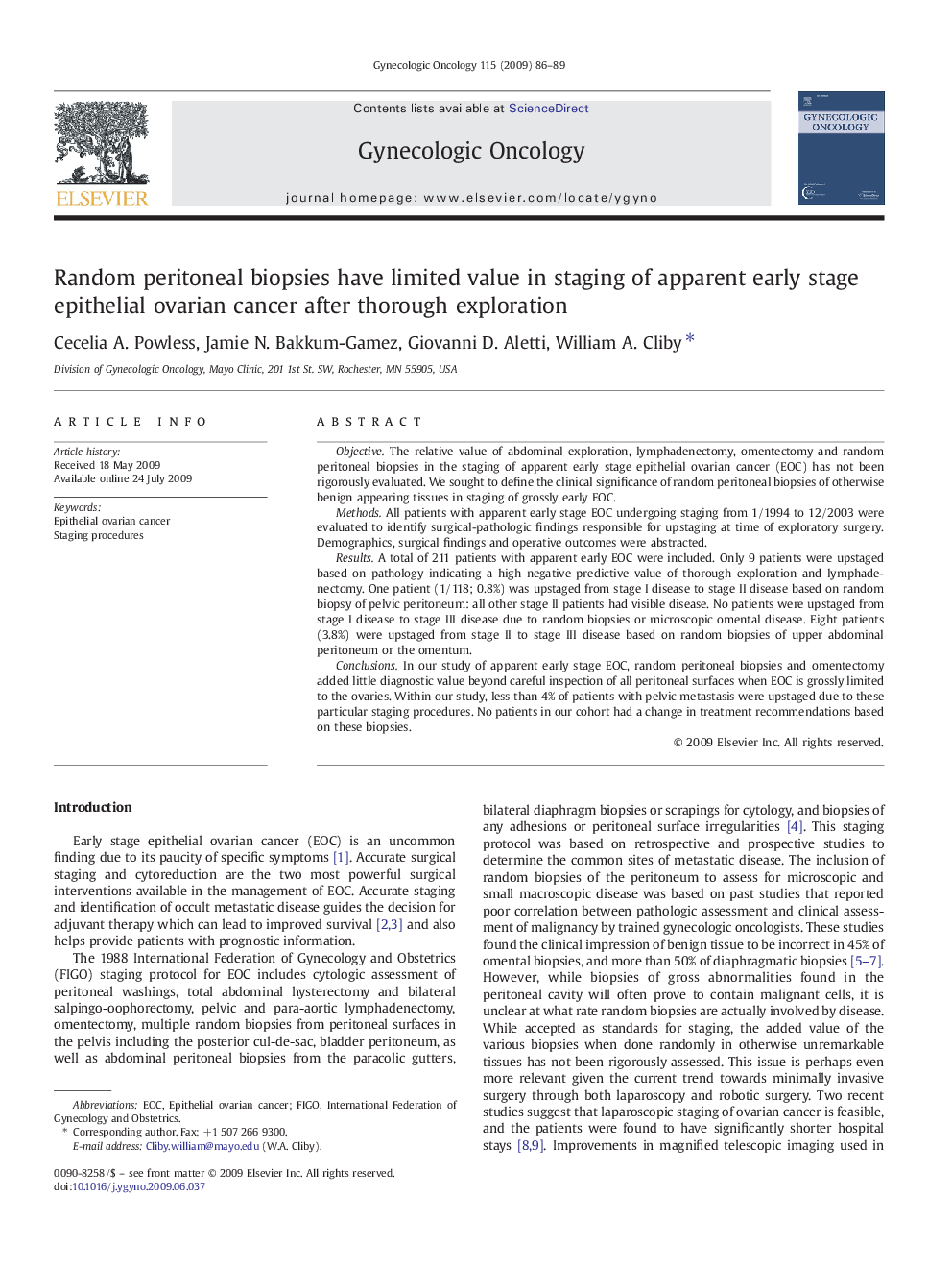 Random peritoneal biopsies have limited value in staging of apparent early stage epithelial ovarian cancer after thorough exploration