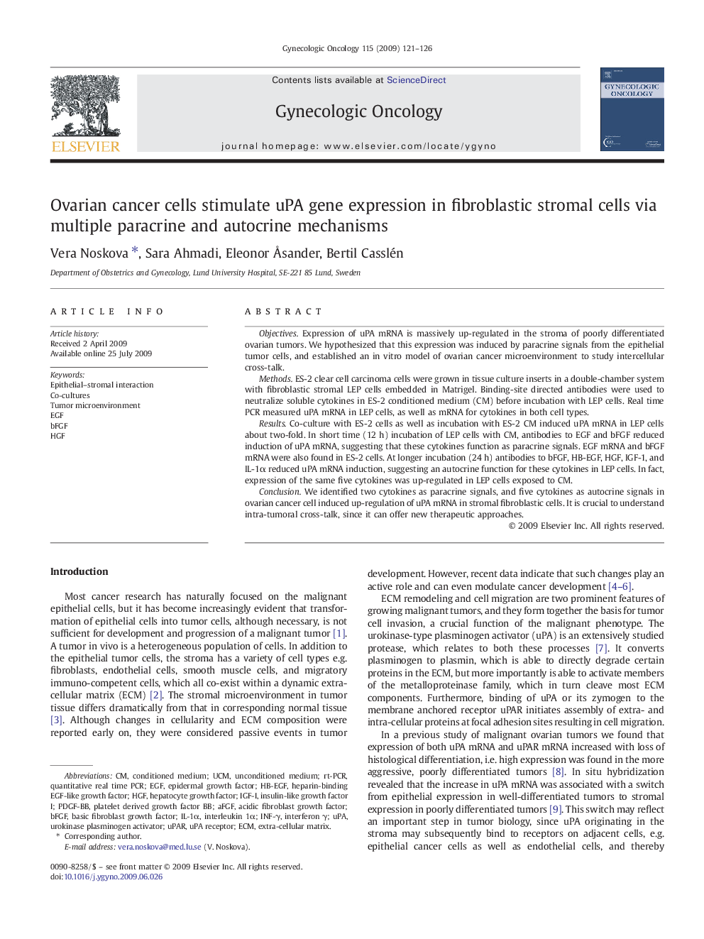 Ovarian cancer cells stimulate uPA gene expression in fibroblastic stromal cells via multiple paracrine and autocrine mechanisms