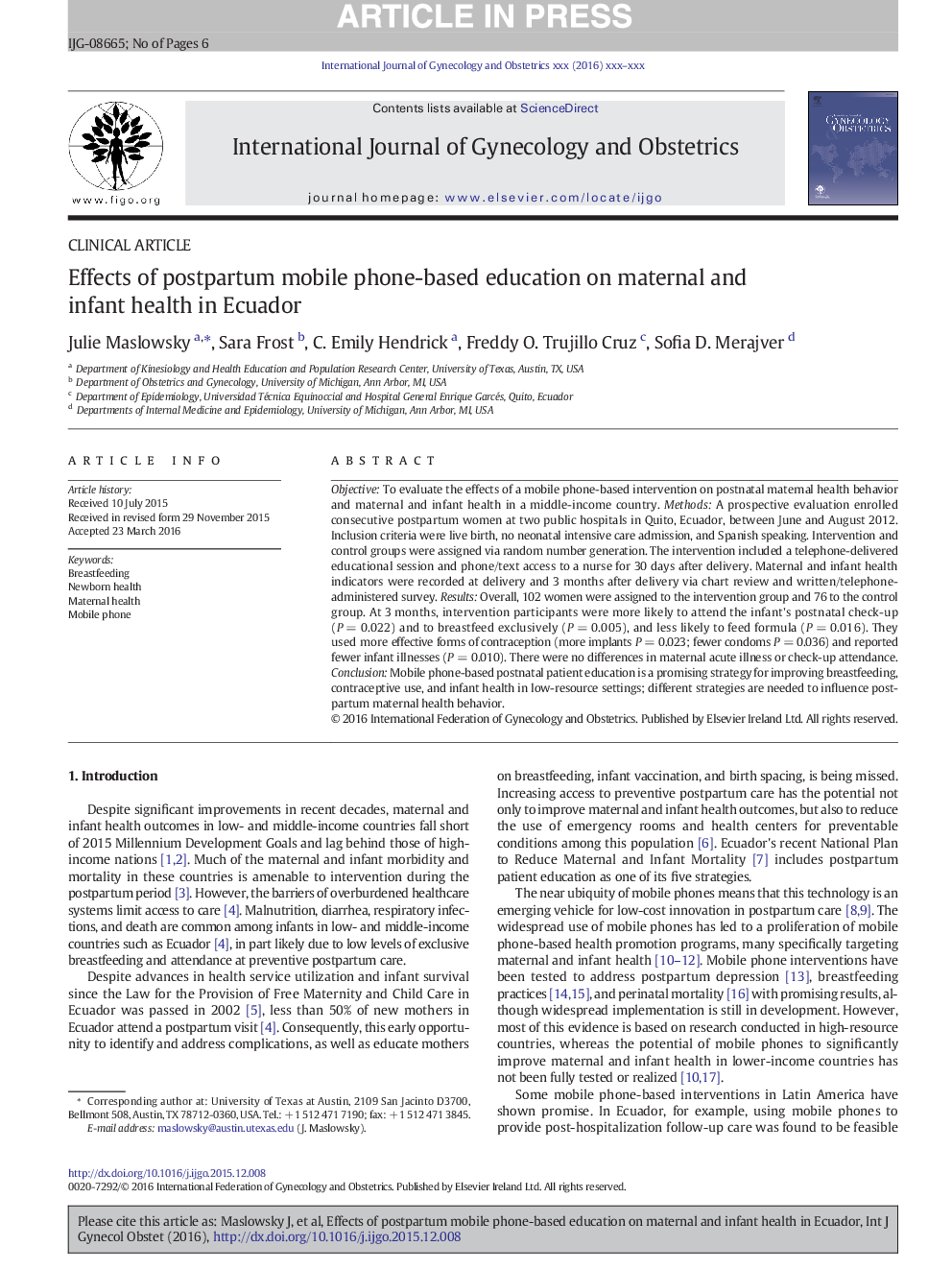 Effects of postpartum mobile phone-based education on maternal and infant health in Ecuador