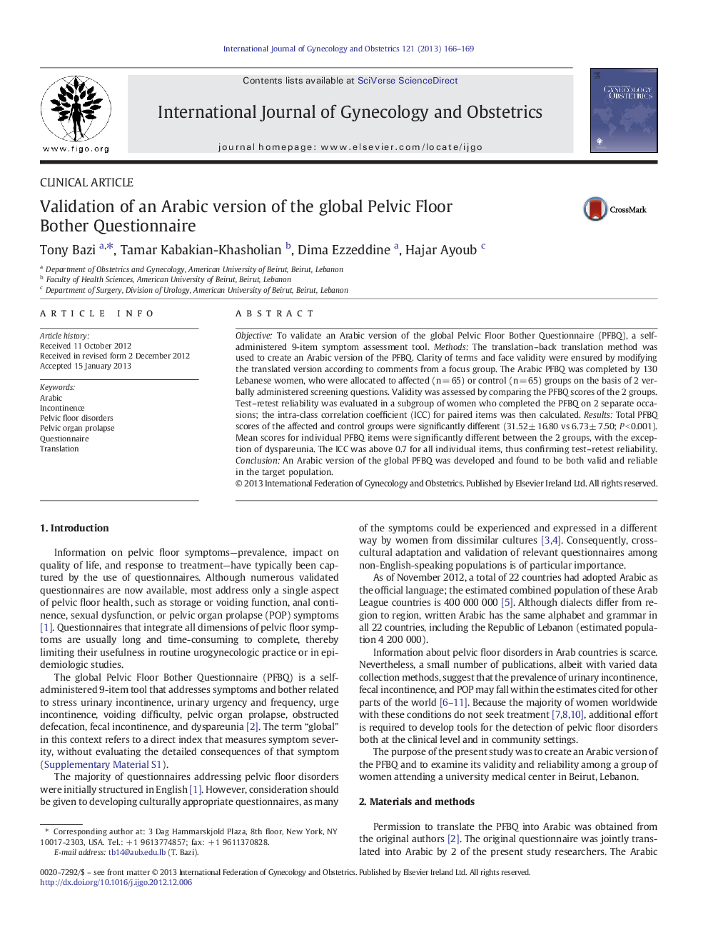 Validation of an Arabic version of the global Pelvic Floor Bother Questionnaire