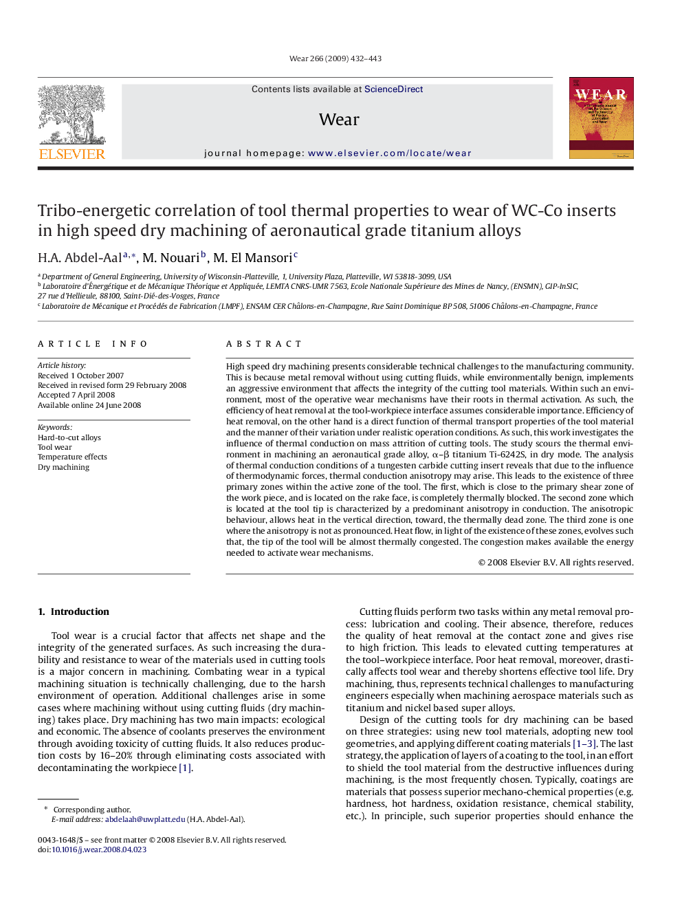 Tribo-energetic correlation of tool thermal properties to wear of WC-Co inserts in high speed dry machining of aeronautical grade titanium alloys