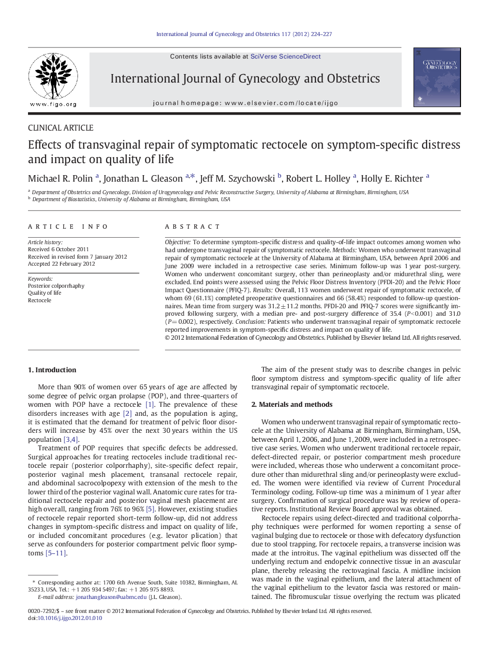 Effects of transvaginal repair of symptomatic rectocele on symptom-specific distress and impact on quality of life